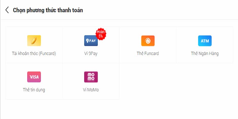 Các phương tiện được hỗ trợ giao dịch thêm tiền vào tài khoản